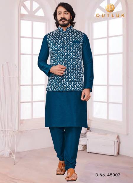 Teal Colour Party Wear Art Silk Jacquard Print Kurta Pajama With Jacket Mens Collection 45007